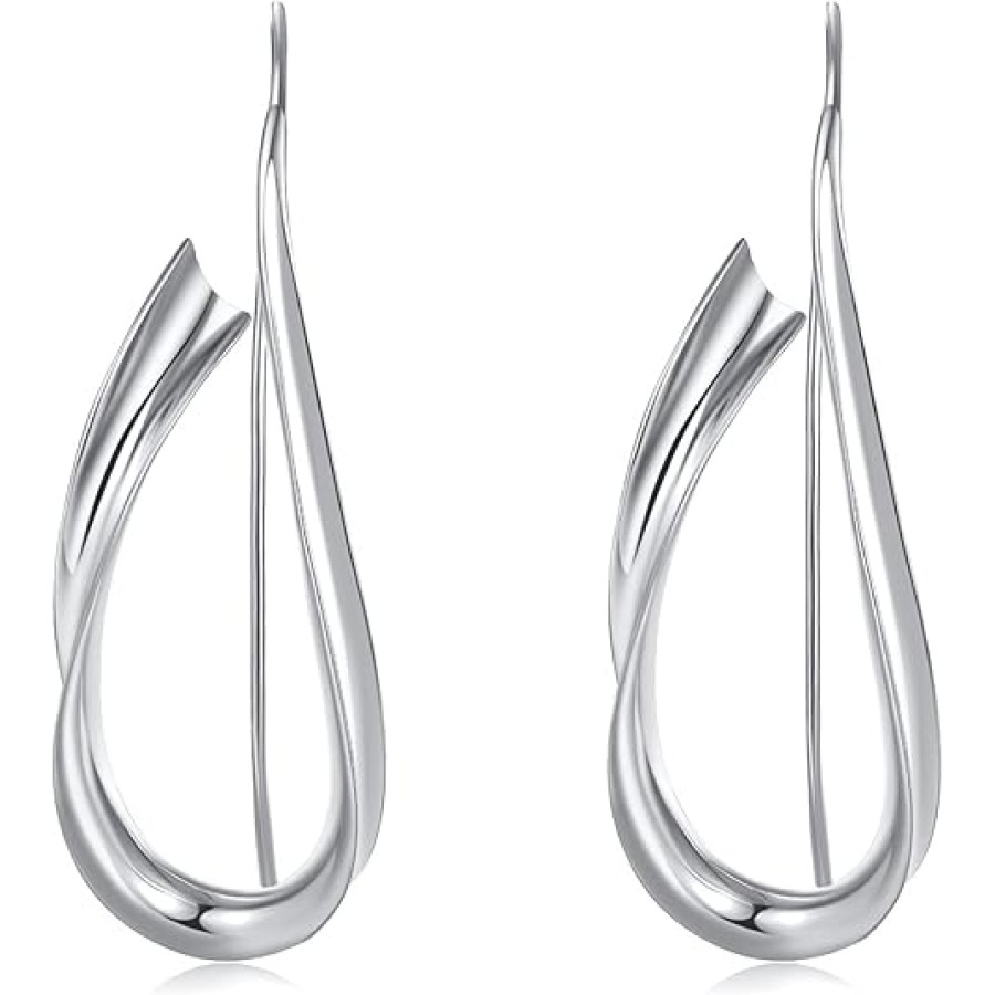 VIKI LYNN Streamline Drop Hook Earrings for Women Statement Earrings (Color: Silver)