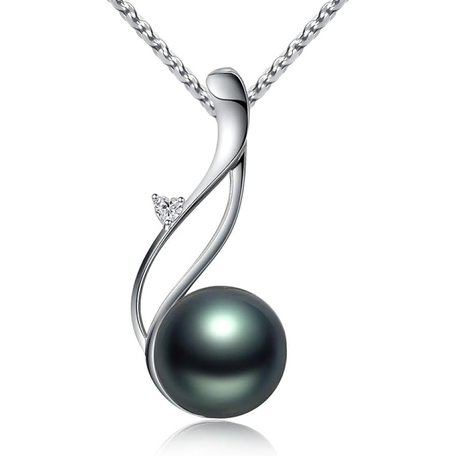 VIKI LYNN Tahitian Black Pearl Necklace for Women 9-10mm Off-Round Tahitian Cultured Black Pearl Pendant with 925 Sterling Silver Chain(Style: Zircon Style)