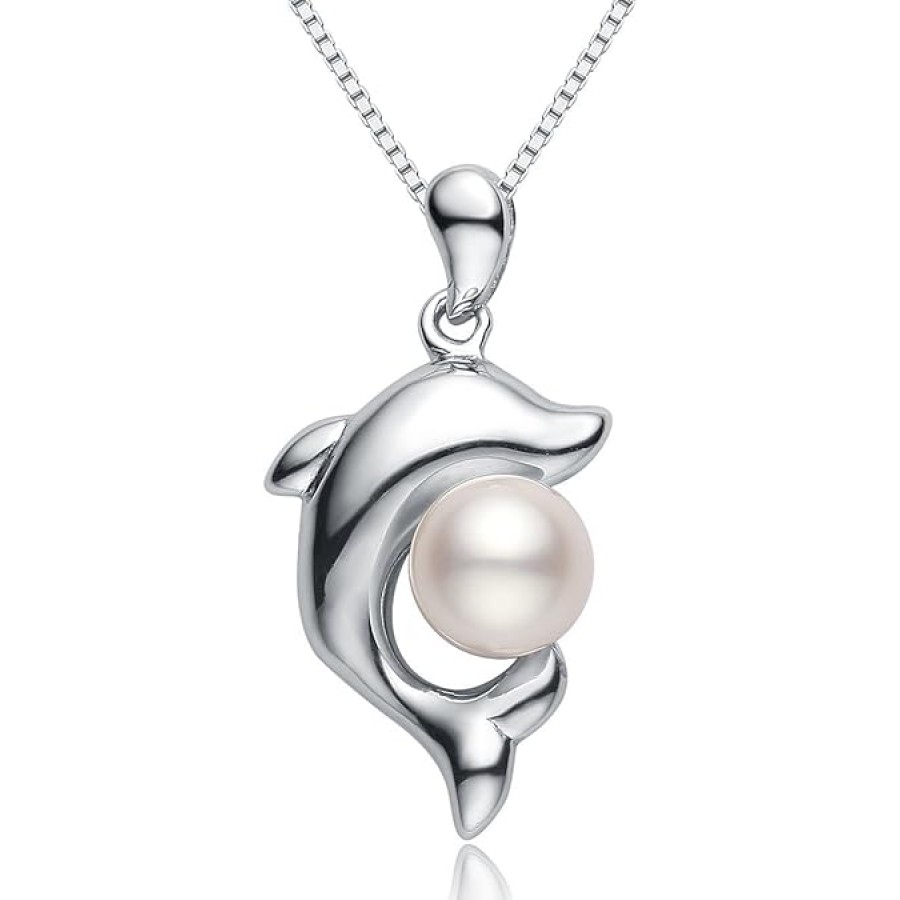 VIKI LYNN Dolphin Pearl Necklace with 5-6mm Freshwater Cultured Pearl 925 Sterling Silver Chain Dolphin Jewelry for Women