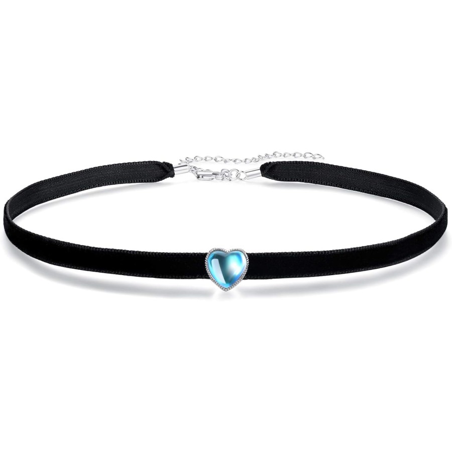 VIKI LYNN Black Velvet Choker Necklace Adjustable Blue Moonstone Choker Collar Necklace (Style: Heart moonstone)