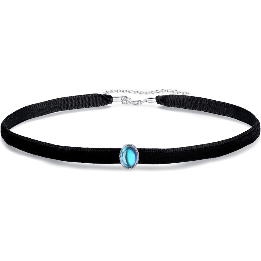 VIKI LYNN Black Velvet Choker Necklace Adjustable Blue Moonstone Choker Collar Necklace (Style: Oval moonstone)