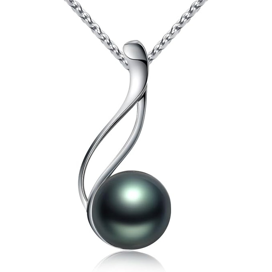 VIKI LYNN Tahitian Black Pearl Necklace for Women 9-10mm Off-Round Tahitian Cultured Black Pearl Pendant with 925 Sterling Silver Chain(Style: classic style)