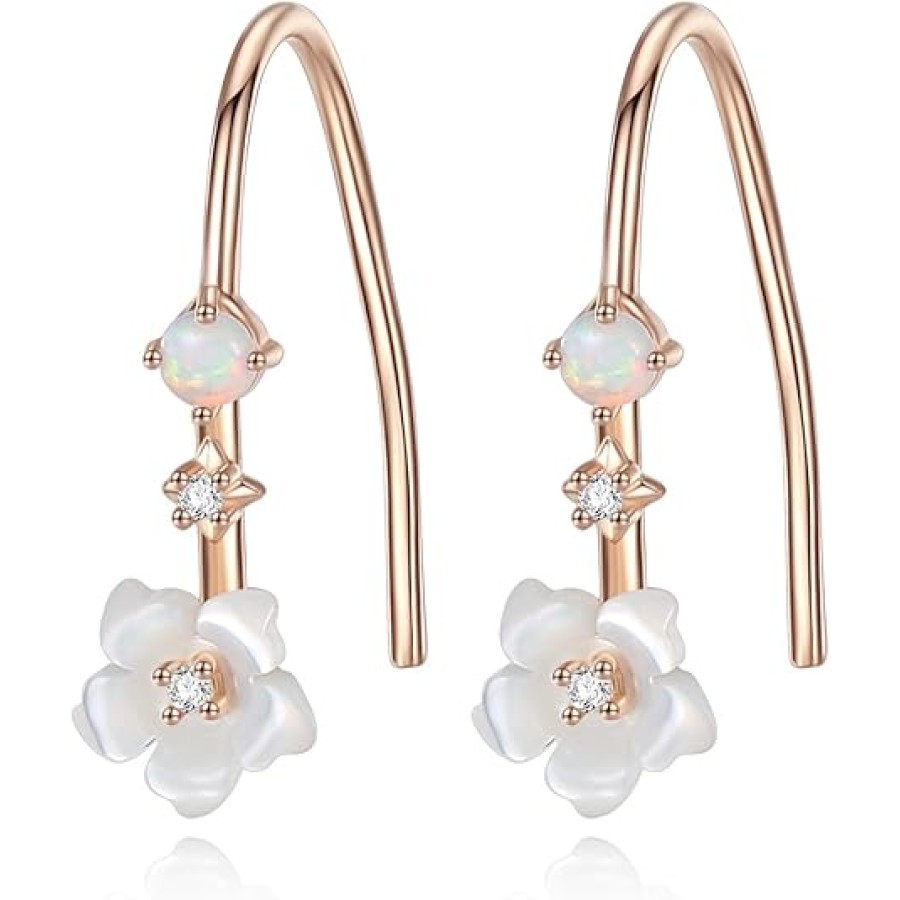 Flower Dangle Earrings for Women 18K Rose Gold Plated Sterling Silver Mother Of Pearl -VIKI LYNN