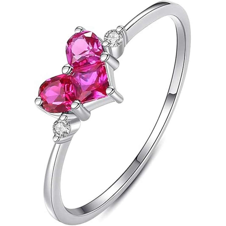 VIKI LYNN 925 Sterling Silver Rose Red Spinel Gemstone Heart Ring Promise Thin Band for Women (Ring Size: 5)