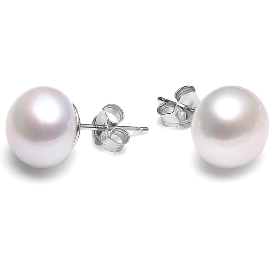 Pearl Earrings 9-11mm Button Freshwater Cultured Pearls 925 Sterling Silver Stud Earrings- VIKI LYNN