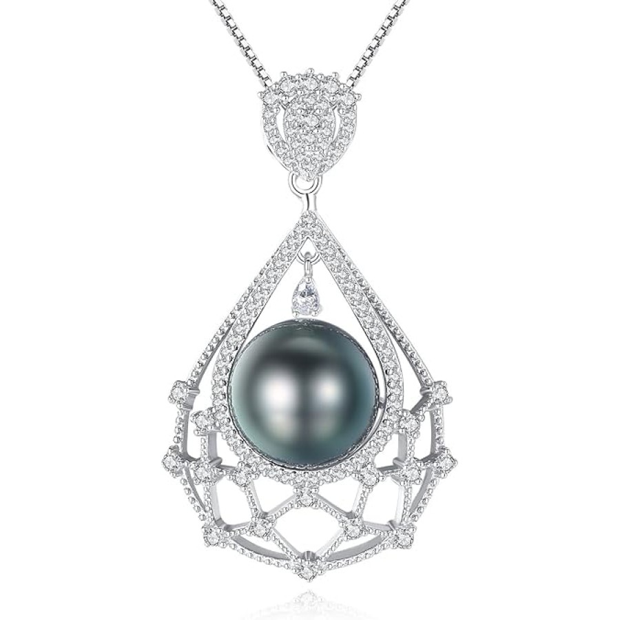 VIKI LYNN Tahitian Cultured Black Pearl Necklace 10-11mm Sterling Silver Jewelry for Women