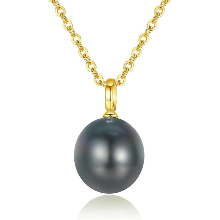 VIKI LYNN Tahitian Black Pearl Necklace for Women 9-10mm Off-Round Tahitian Cultured Black Pearl Pendant with 925 Sterling Silver Chain (Color: 18k yellow gold)