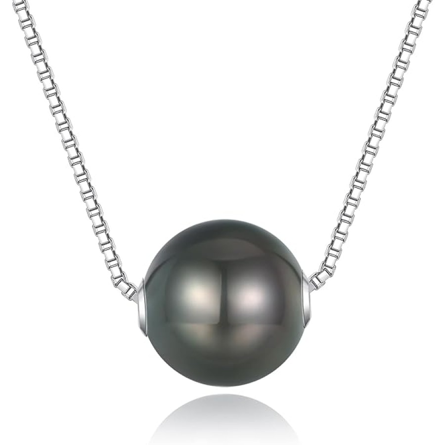 VIKI LYNN Tahitian Black Pearl Necklace for Women 9-10mm Off-Round Tahitian Cultured Black Pearl Pendant with 925 Sterling Silver Chain