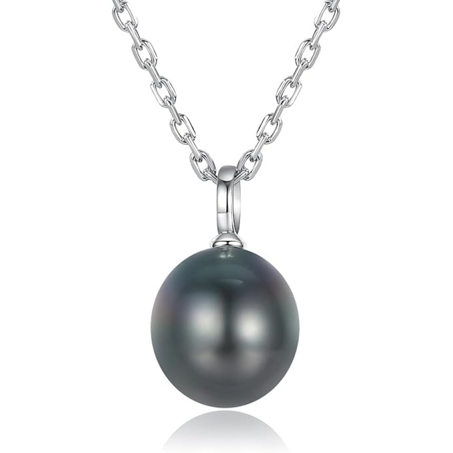 VIKI LYNN Tahitian Black Pearl Necklace for Women 9-10mm Off-Round Tahitian Cultured Black Pearl Pendant with 925 Sterling Silver Chain (Color: 18k white gold)