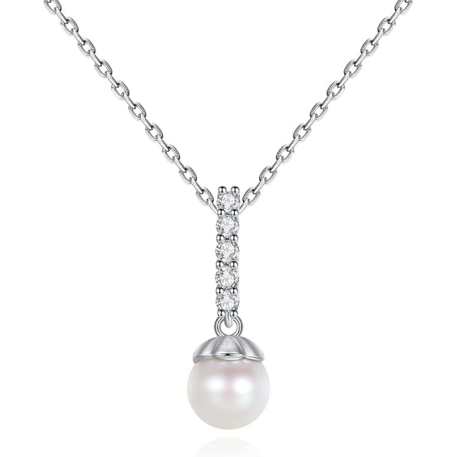 VIKI LYNN 925 Sterling Silver Small 5-6mm Pearl Pendant Necklace with Cubic Zirconia for Women