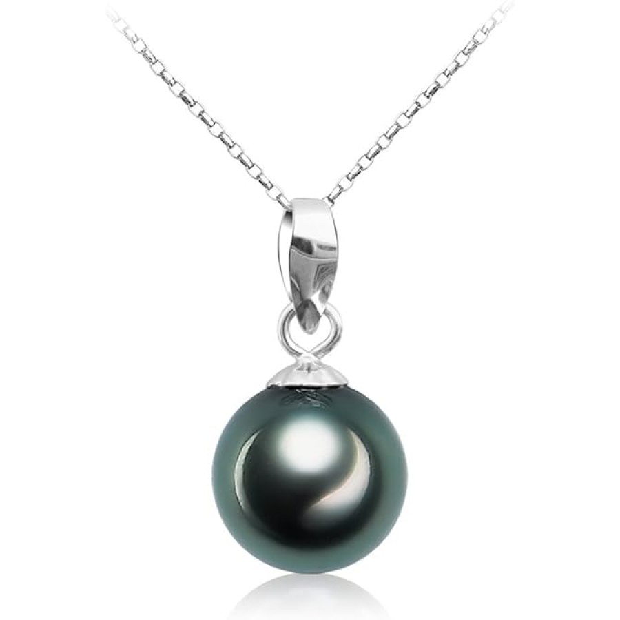 VIKI LYNN Tahitian Black Pearl Necklace for Women 9-10mm Off-Round Tahitian Cultured Black Pearl Pendant with 925 Sterling Silver Chain (Color: white gold)