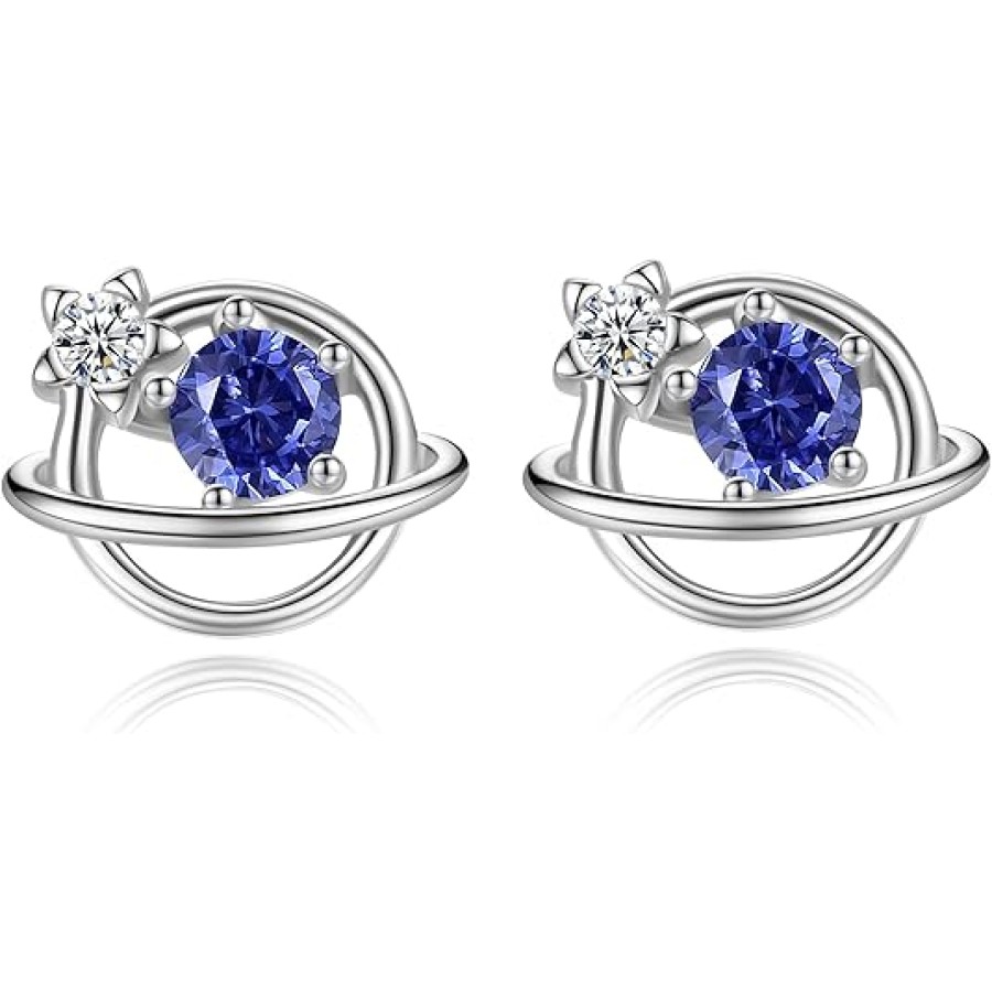 VIKI LYNN 925 Sterling Silver Small Planet Star Earrings for Women with Cubic Zirconia (Color: Blue)