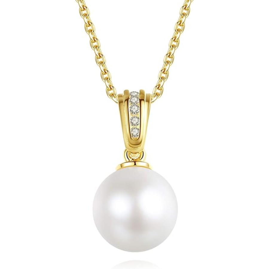 VIKI LYNN 7-8mm Freshwater Cultured Pearl Necklace Single Pearl Pendant Jewelry for Women (Color: Gold)