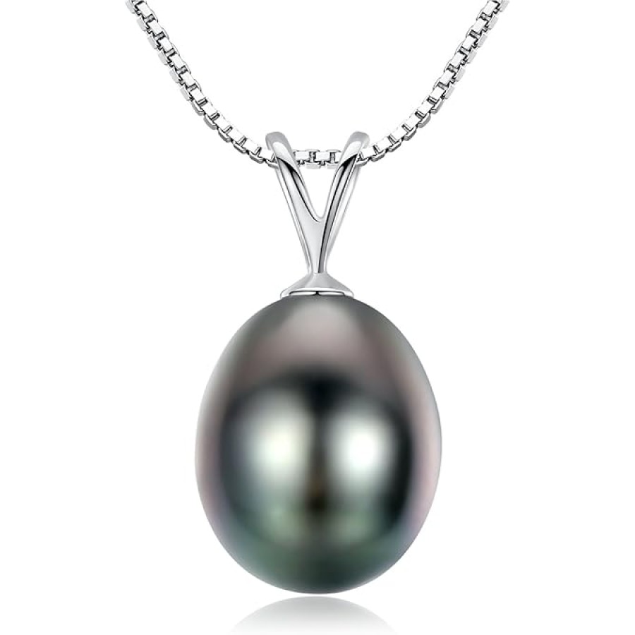 VIKI LYNN Tahitian Black Pearl Necklace for Women 9-10mm Teardrop-shaped Tahitian Cultured Black Pearl Pendant with 925 Sterling Silver Chain (Color: white gold)