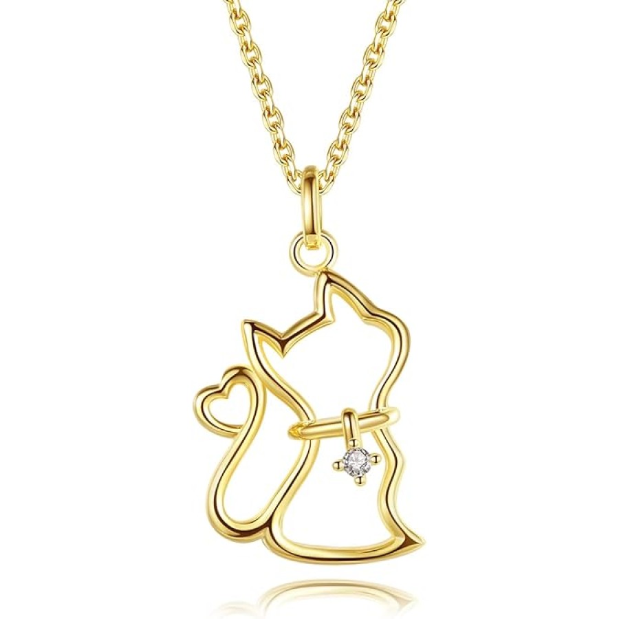 VKI Lynn Cute Cat Pendant Necklace for Women Girls 18K Gold Plated Sterling Silver Animal Necklace