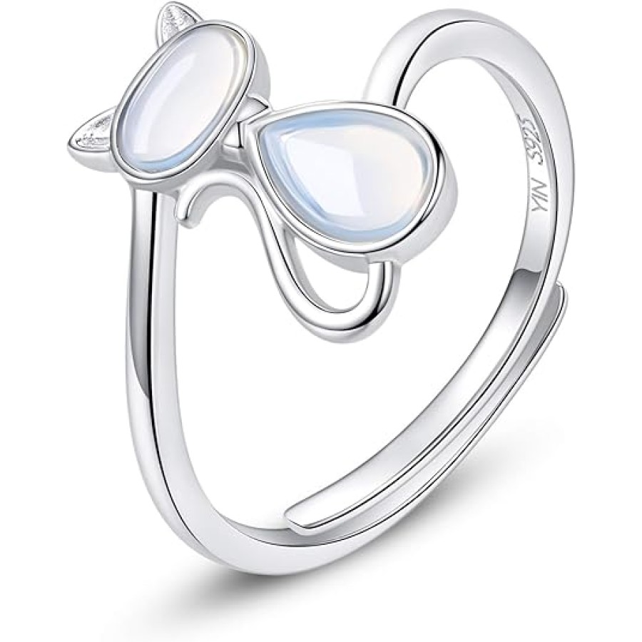 VIKI LYNN Cute Cat Ring 925 Sterling Silver Adjustable Moonstone Ring for Women