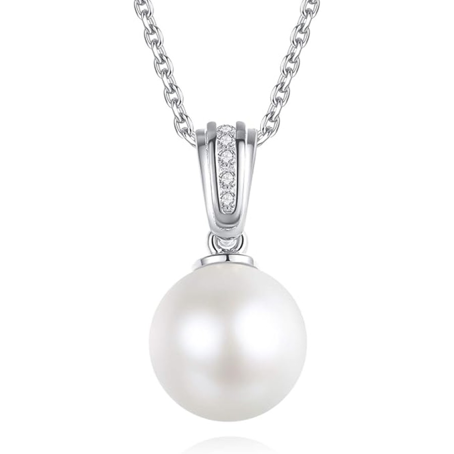 VIKI LYNN 7-8mm Freshwater Cultured Pearl Necklace Single Pearl Pendant Jewelry for Women (Color: Silver)