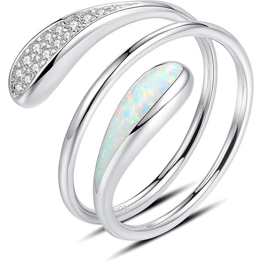 VIKI LYNN 925 Sterling Silver Opal Helix Stacking Rings with Cubic Zirconia Spiral Rings for Women