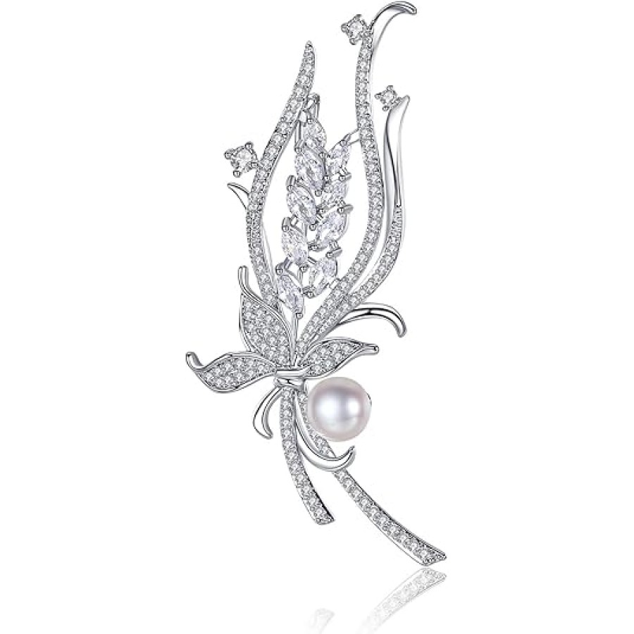 VIKI LYNN 7-8mm Freshwater Cultured Pearl Brooch Cubic Zirconia Collar Sweater Brooch Pin