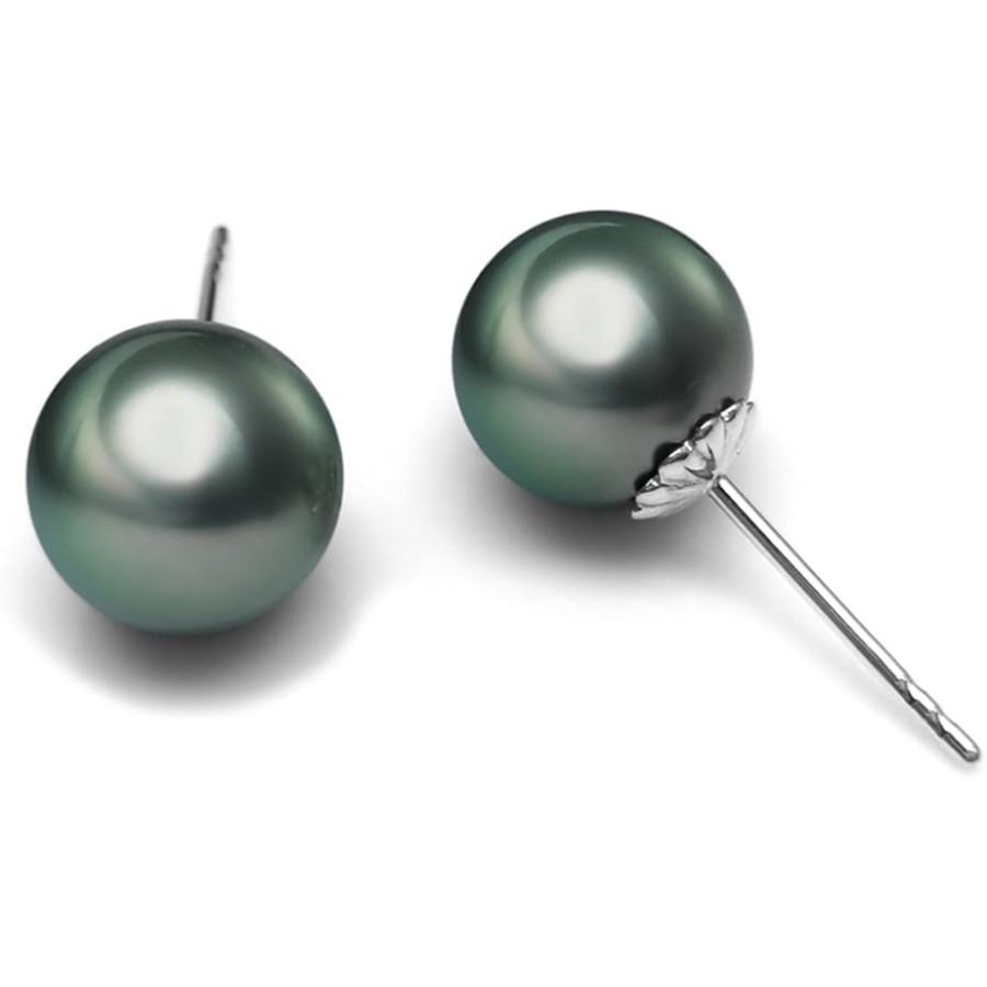 Tahitian Pearl Stud Earrings for Women 18K White Gold 9-10mm Round - VIKI LYNN