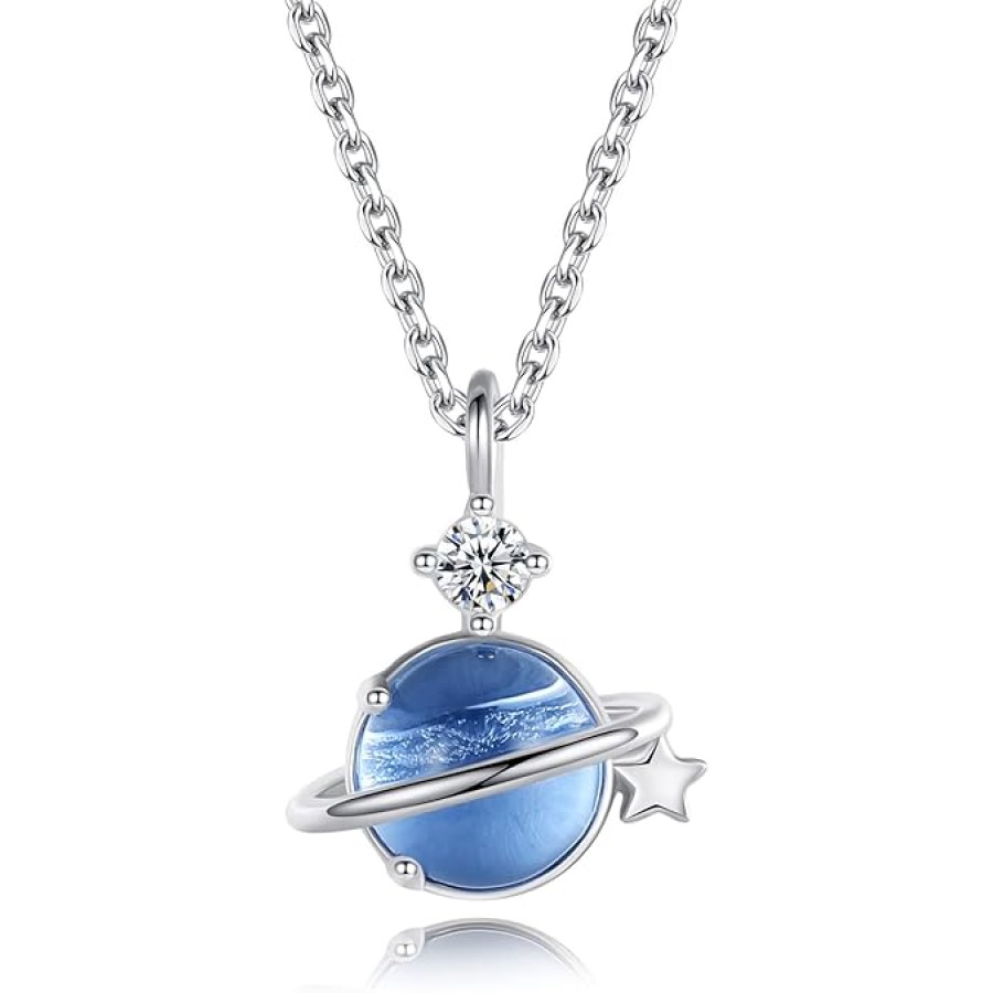 VIKI LYNN 925 Sterling Silver Mini Blue Star Planet Pendant Necklace for Women