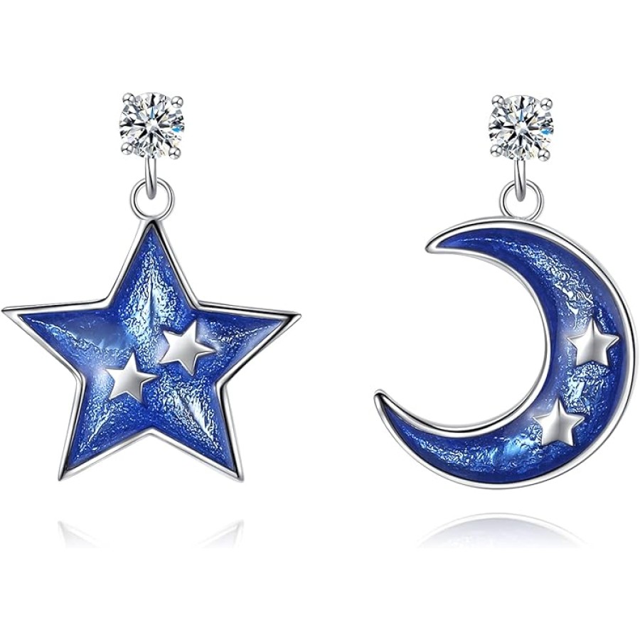 VIKI LYNN 925 Sterling Silver Asymmetric Blue Star and Moon Stud Earrings for Women