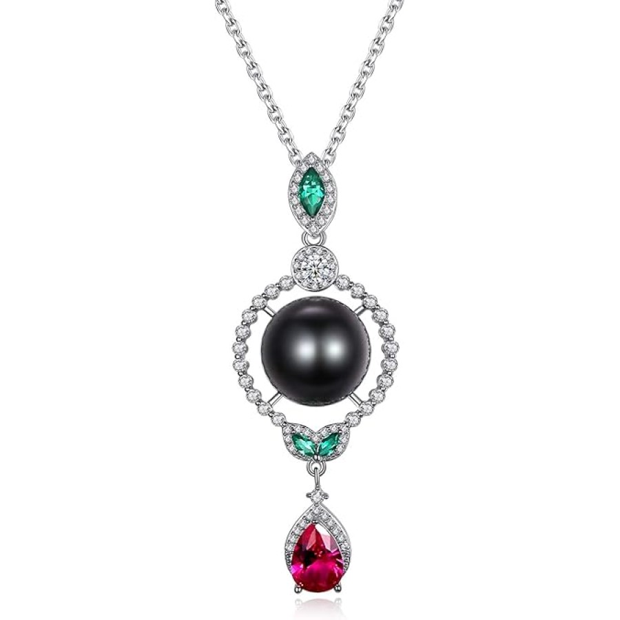 VIKI LYNN Tahitian Cultured Black Pearl Pendant Necklace 10-11mm Round Sterling Silver CZ for Women