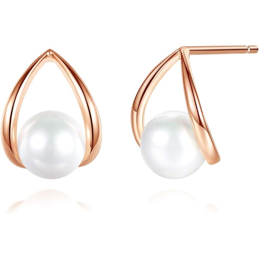 VIKI LYNN 18K Rose Gold 6mm Shell Pearl Stud Earrings Sterling Silver Jewelry for Women