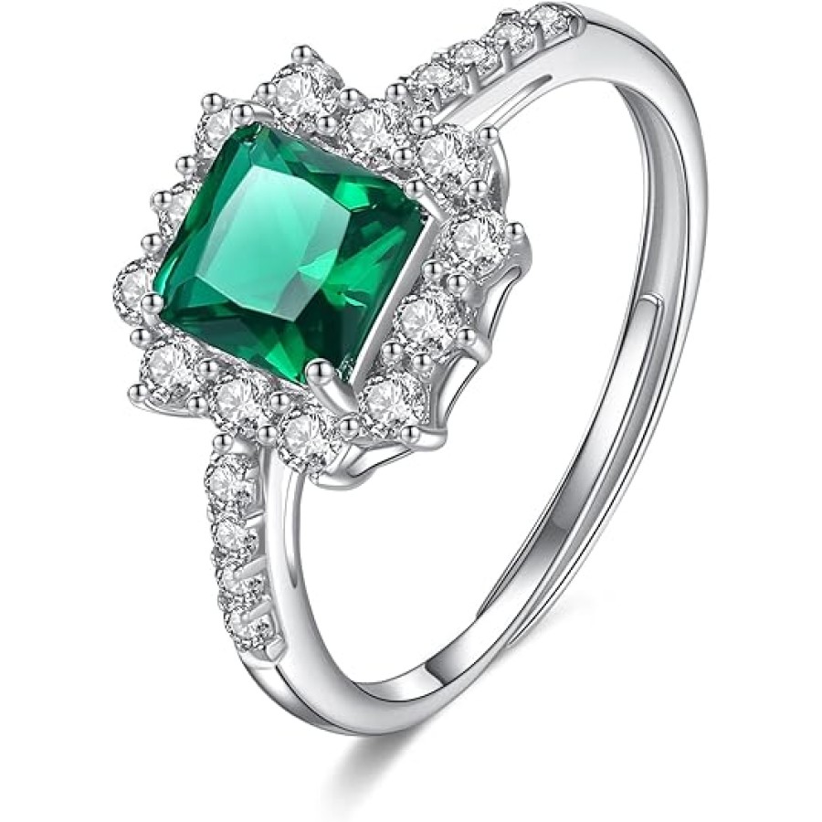 VIKI LYNN 925 Sterling Silver Synthetic Emerald Halo Wedding Engagement Band Ring for Women