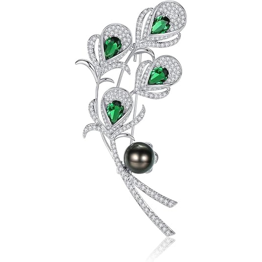 VIKI LYNN 9-10mm Tahitian Black Pearl Brooch Pin Peacock Feather Brooch for Women Ladies