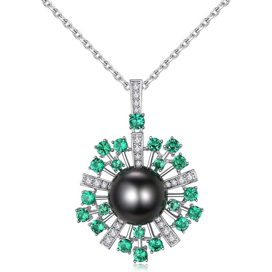 VIKI LYNN 10-11mm AAA Black Tahitian Cultured Pearl Pendant Necklace Jewelry for Women with Green Spinel