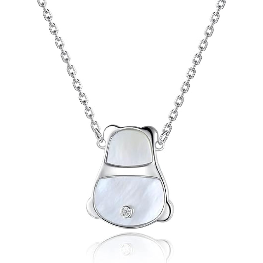 VIKI LYNN 925 Sterling Silver White Mother of Pearl Panda Bear Animal Necklace for Women