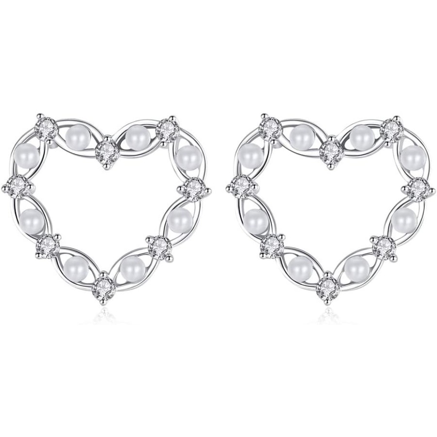 VIKI LYNN 925 Sterling Silver Open Heart Stud Earrings with Mother of Pearl and Cubic Zirconia Earrings for Women