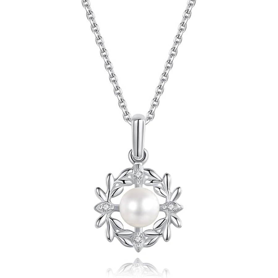 VIKI LYNN Women Freshwater Cultured Pearl Pendant Necklace with Cubic Zirconia Leaf-Wrapped