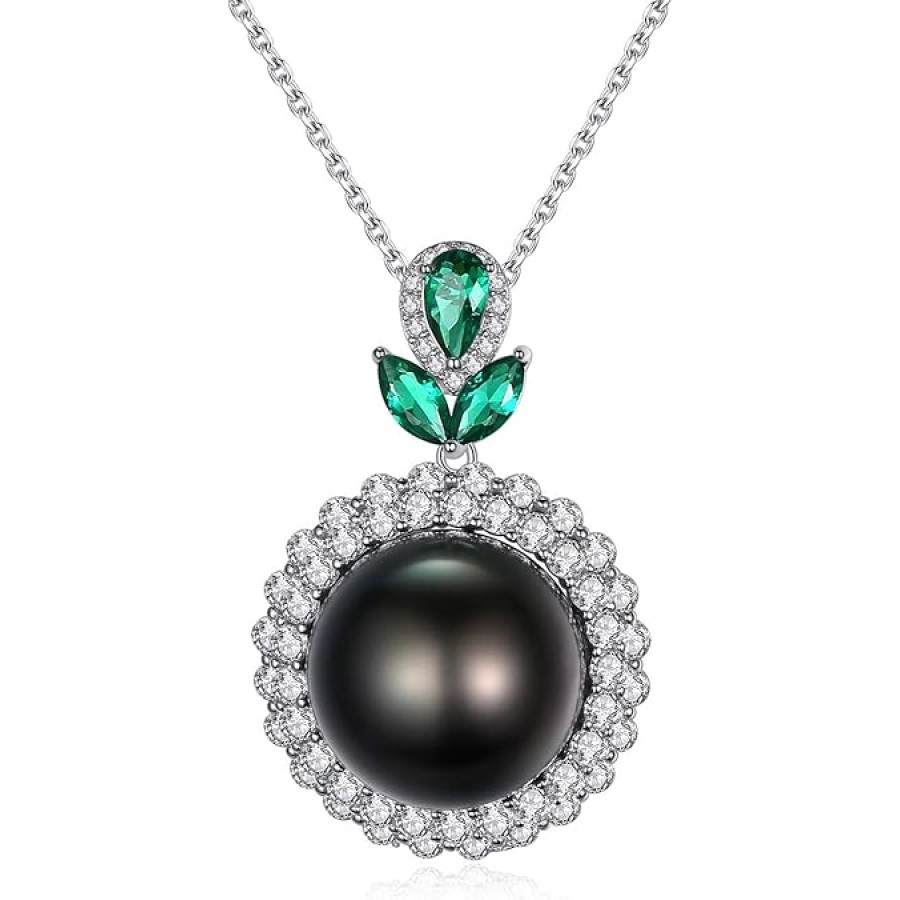 VIKI LYNN 12-13mm Round Tahitian Cultured Black Pearl Pendant Necklace 925 Sterling Silver CZ for Women