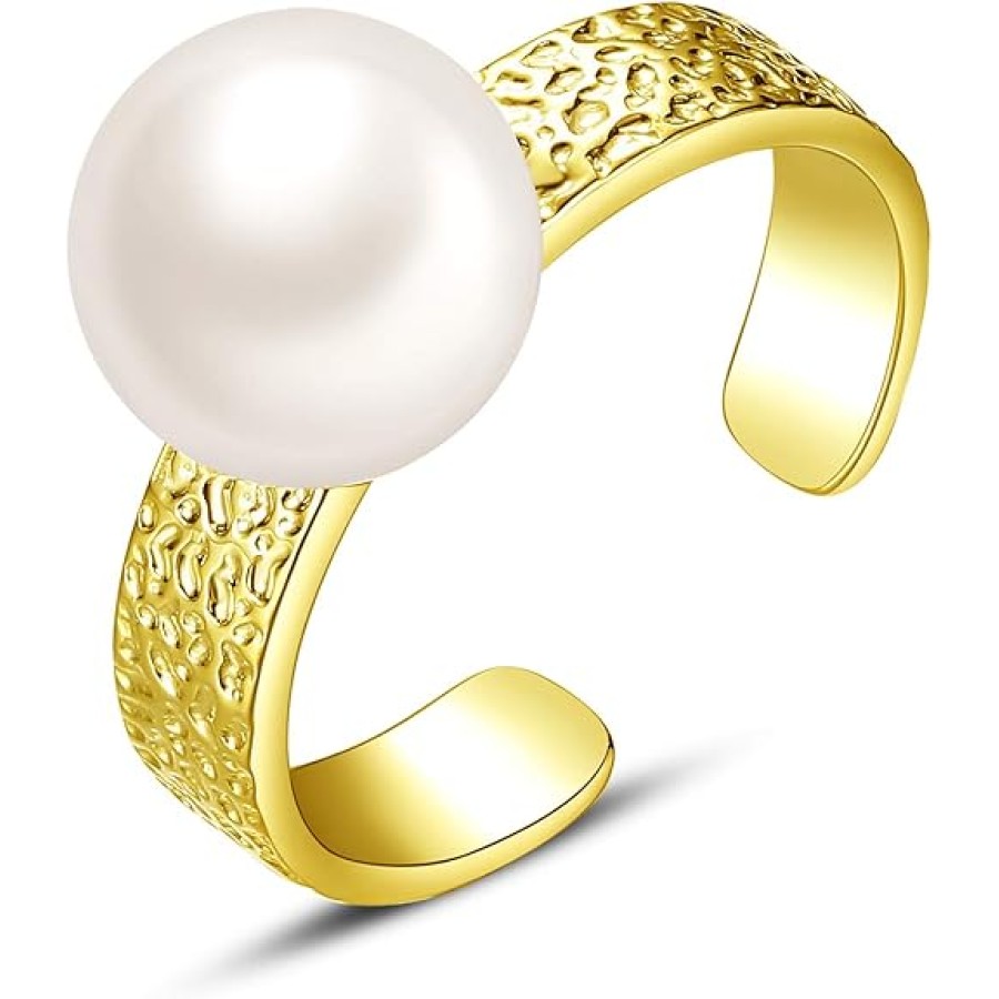 VIKI LYNN 11mm Freshwater Cultured Baroque Pearl Open Ring for Women 18K Gold Plated Retro Hammered Band