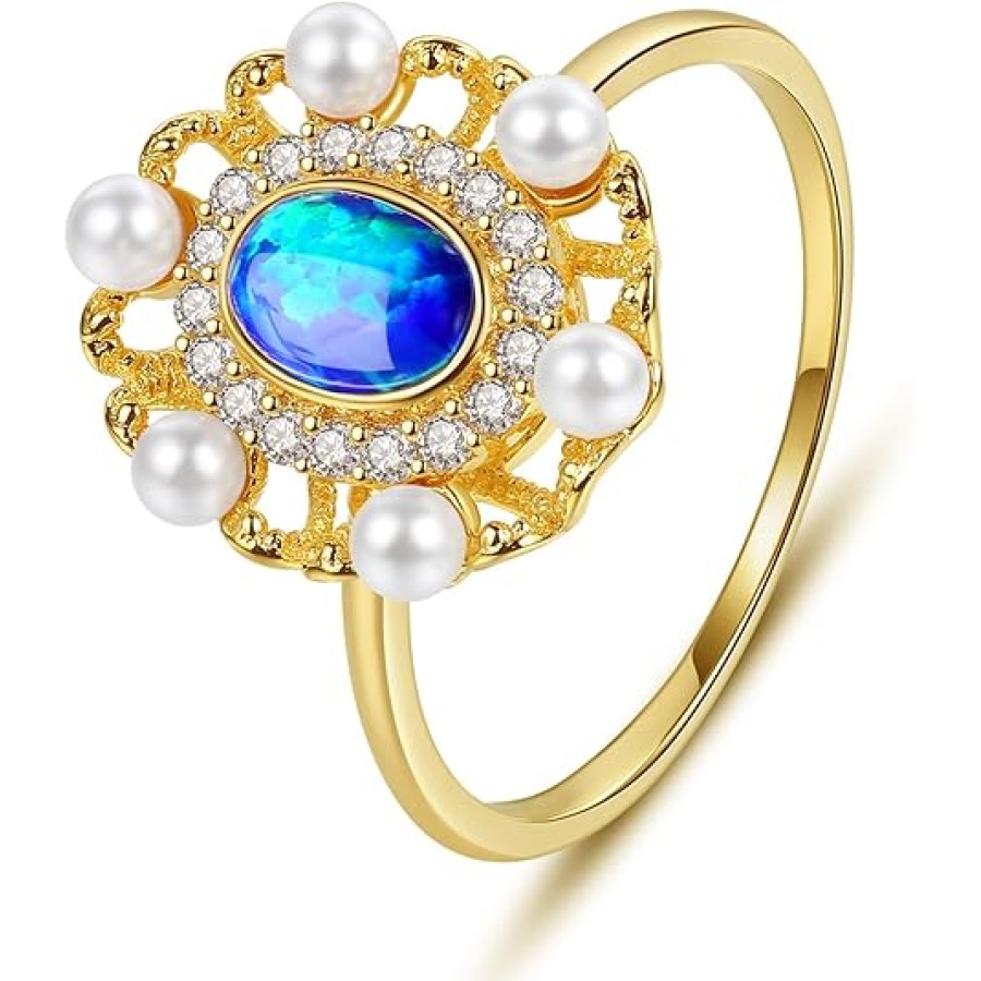 VIKI LYNN Blue Opal Ring with Shell Pearls 18K Gold Plated Engagement Halo Band Ring Jewelry for Women