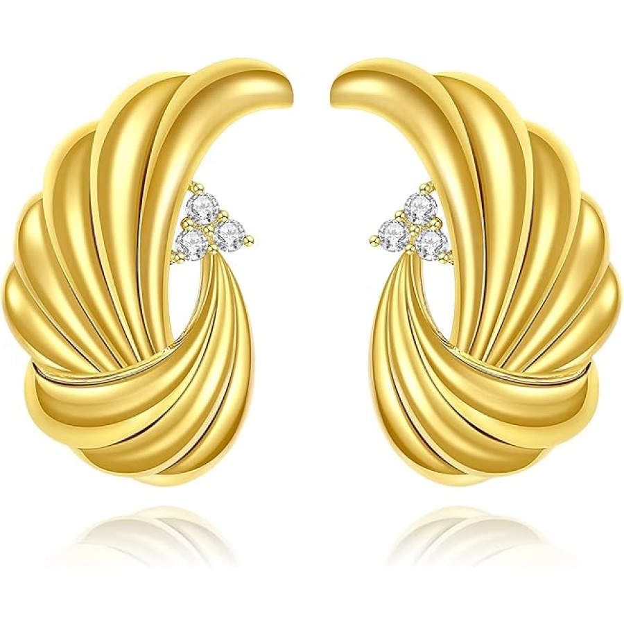 VKI LYNN 18K Gold Plated Feather Statement Stud Earrings Copper Metal for Women