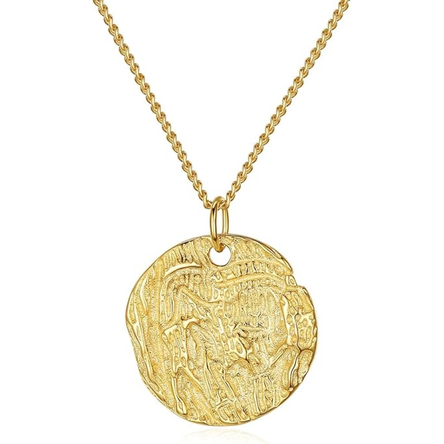 VIKI LYNN 18K Gold Plated Hammered Coin Circle Full Moon Pendant Necklace Sterling Silver Disc Necklace for Women