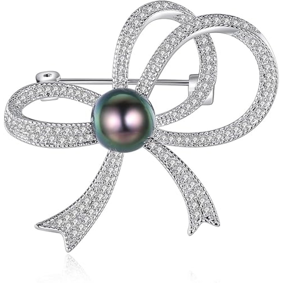 VIKI LYNN Women Lady Cubic Zirconia Bowknot Brooch 9-10mm Tahitian Pearl Brooch Pin