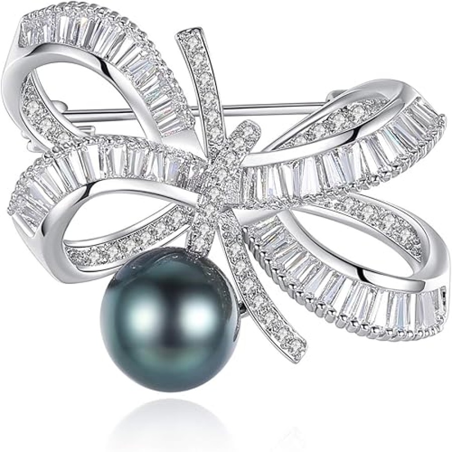 VIKI LYNN Cubic Zirconia Bowknot 9-10mm Tahitian Pearl Brooch Pin for Women