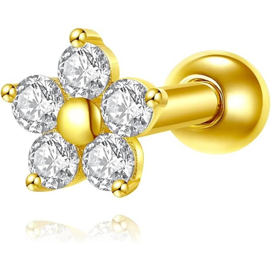 VIKI LYNN 10K Yellow Gold Cubic Zirconia Single Flower Cartilage Stud Earrings Jewelry for Women