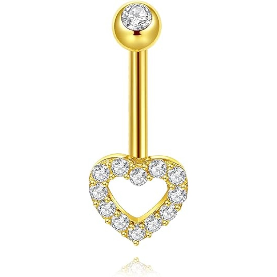 VIKI LYNN 10K Yellow Gold CZ Heart Belly Button Navel Ring Body Piercing Belly Jewelry for Women