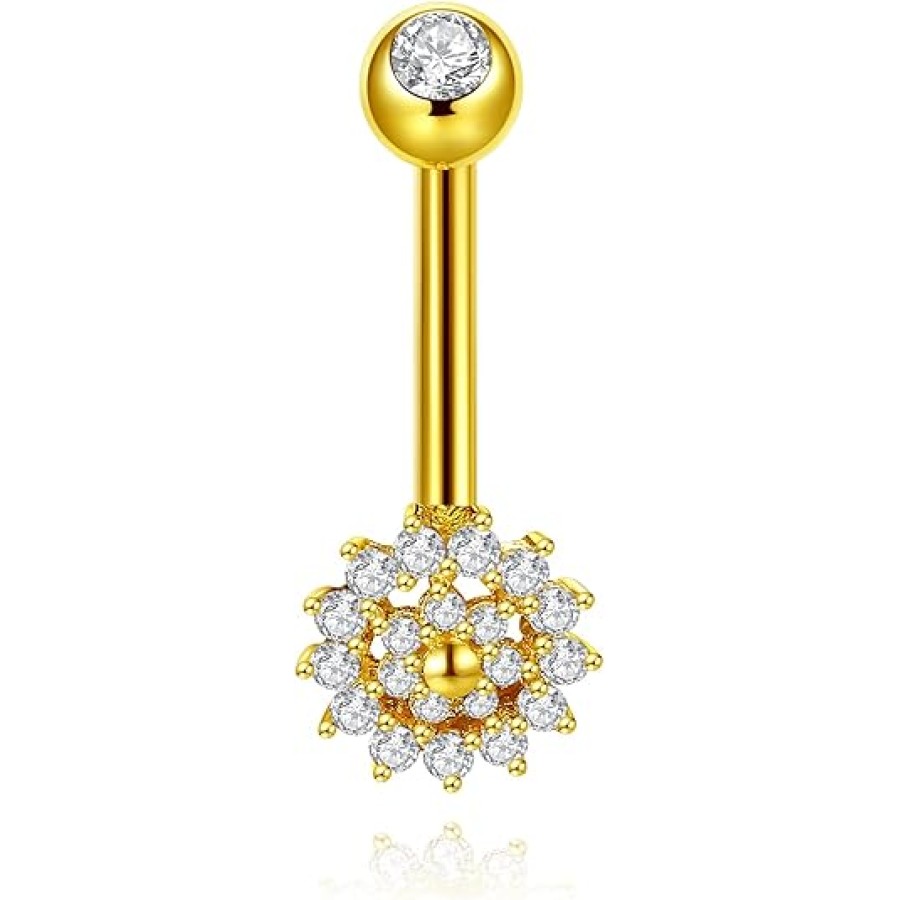 VIKI LYNN 10K Yellow Gold CZ Halo Flower Belly Button Navel Ring Body Piercing Belly Jewelry for